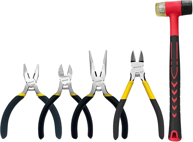 BOOSDEN 5-Piece Pliers Set Including 25mm Rubber mallet, 5" Wire Cutters, 5" Needle Nose Pliers, 5" Diagonal Cutters, 5" Linemans Pliers for DIY & Home Use