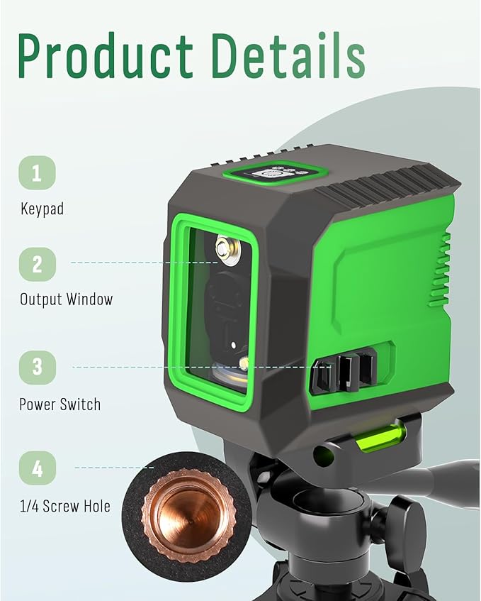 Laser Level with 50” Tripod, 360° Self Leveling Cross Line Laser Level, Green Beam Horizontal and Vertical Line leveler Tool for Hanging Pictures, Home Renovation with 4 AA Batteries & Carry Pouch