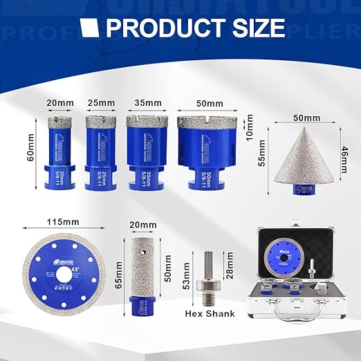 SHDIATOOL Diamond Tile Drill Bits Ki 8pcs, Porcelain Hole Saw Sets, Core Bits Cutter for Drilling Ceramic Marble Granite (20/25/35/50/20MM/2/HEX/4.5")