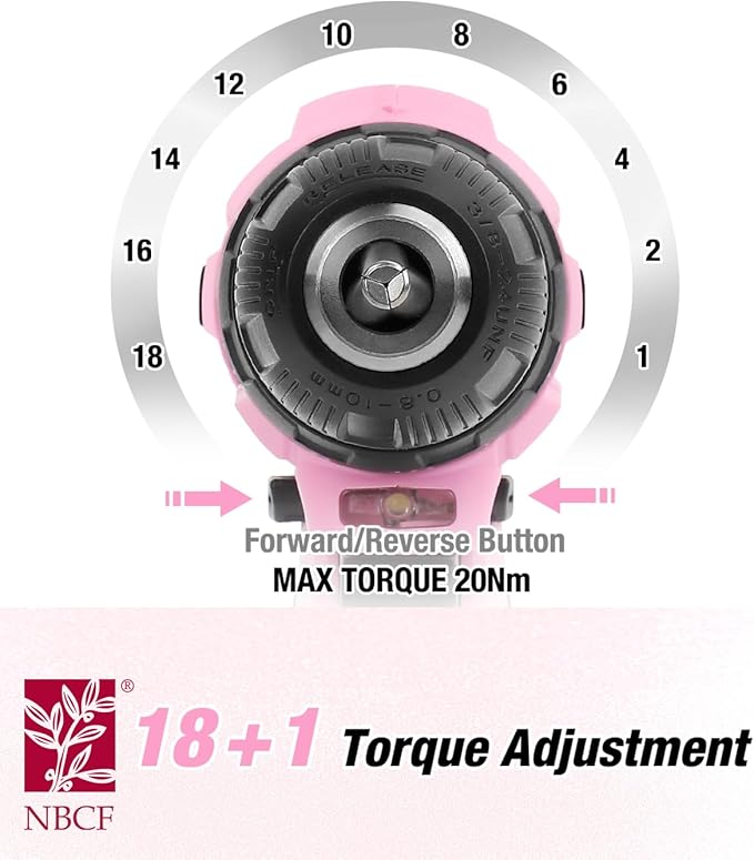 WORKPRO Pink Cordless Drill Driver Set, 12V Electric Screwdriver Driver Tool Kit, 3/8" Keyless Chuck, Charger and Storage Bag Included - Pink Ribbon