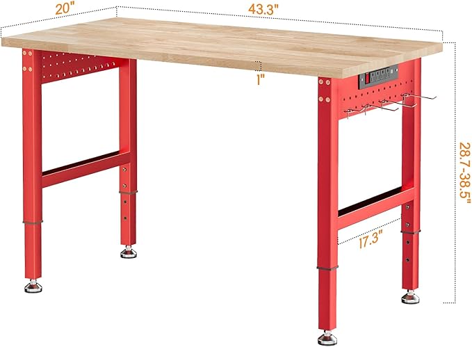 SPECRAFT Red Adjustable Heavy Duty Workbench with 4 AC Outlet and 2 USB Ports Power Outlets, 2000 Lbs Capacity, Rubber Wood Top for Garage, Workshop, Office
