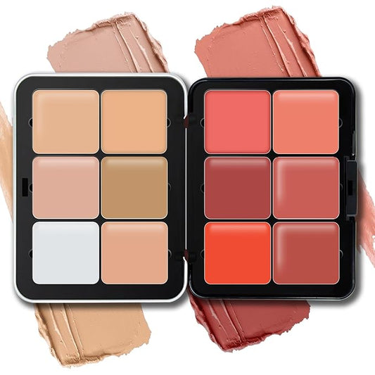 12 Colors Cream Blush Palette, Color Correcting Concealer Foundation Palette, Long Wearing Smudge Proof Blendable Matte Finish Blush Powder Highlighter and Cream Contour Palette Makeup (01)-VeraVaultWomen