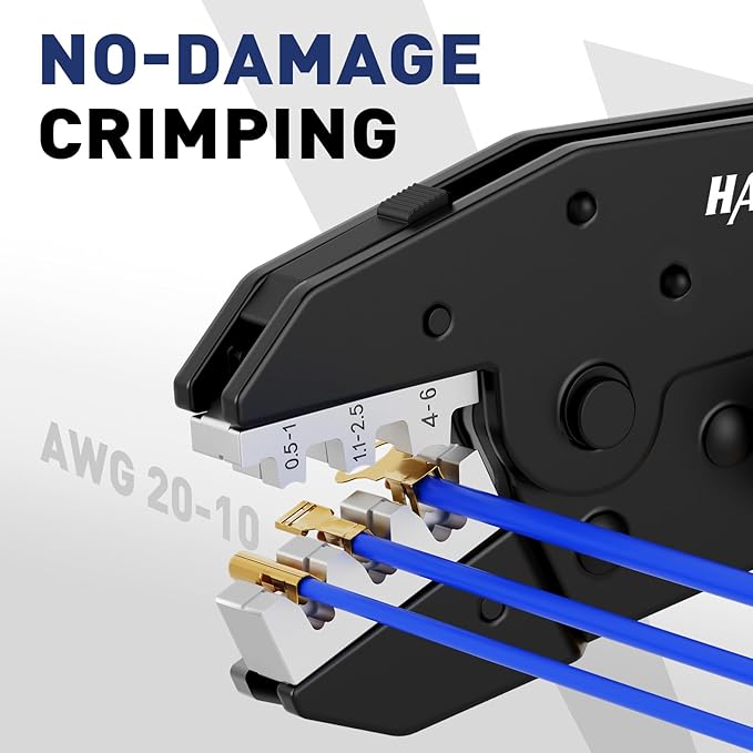 haisstronica Quick Change Jaws Crimping Tool for Open Barrel Terminals AWG 20-10 Ratcheting Wire Crimper & Terminals - H6