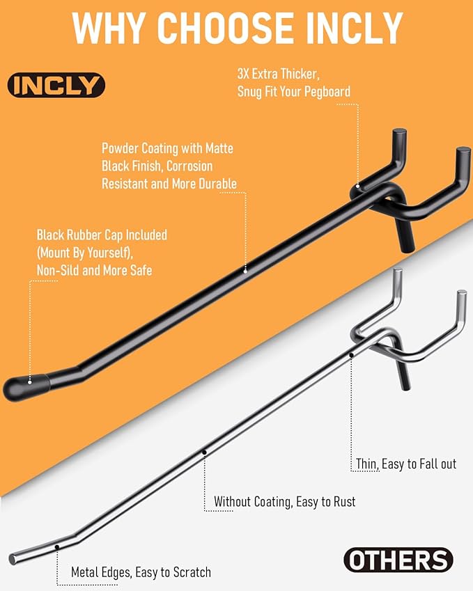 INCLY 60 Pack 6 Inch Black Pegboard Hooks, 1/4" Heavy Duty Peg Board Shelving Hooks Accessories, Peg Board Tool Hangers Only Fit 1/4" Pegboard Hanging Tools Garage, Craft Organizing, Kitchen, Store