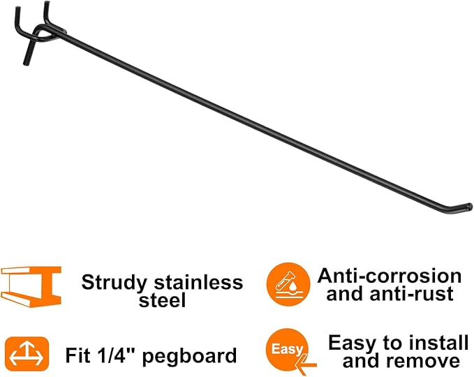 HARFINGTON 25pcs Pegboard Shelving Hooks 12" Stainless Steel Peg Board Display Hook Hanging Holders Wall Mount Organize Tools for Workbench Garage Kitchen Store, Black