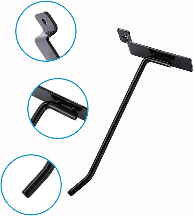 KINGDOM SOLUTIONS – 16-Pack Black Metal Slatwall Hooks (8X 4, 8X 6) – Heavy-Duty Slat Wall Accessories for Garage Organization, Retail Displays & Tool Storage Systems