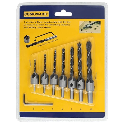 COMOWARE Countersink Drill Bits Set- 7Pcs Counter Sink Bit for Wood High Speed Steel, Woodworking Carpentry Reamer with 1 Free Hex Key Wrench