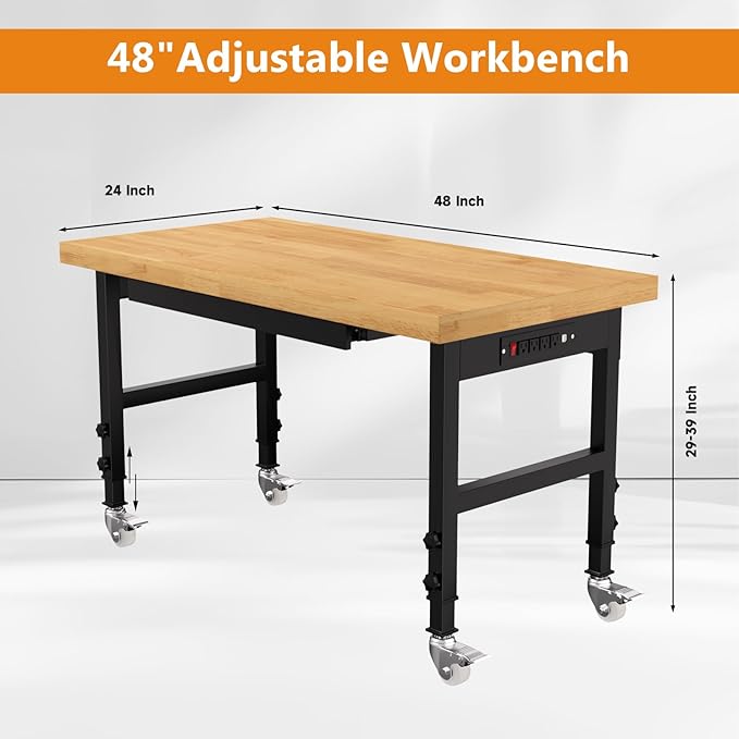 Solid Wood 48" Work Bench with Drawers, Adjustable Height Workbench with Wheels, Heavy-Duty Work Table with Power Outlets, 2000 LBS Capacity Workstation for Garage, Workshop(48" X 24")