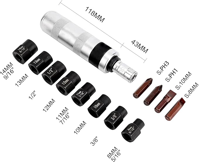 3/8" Manual Hand Impact Driver Set Extractor-14 PCS Impact Screwdriver S2 Steel, with 8Pcs Sockets, 4Pcs Driver Bits Manual Reversible Impact Driver Set