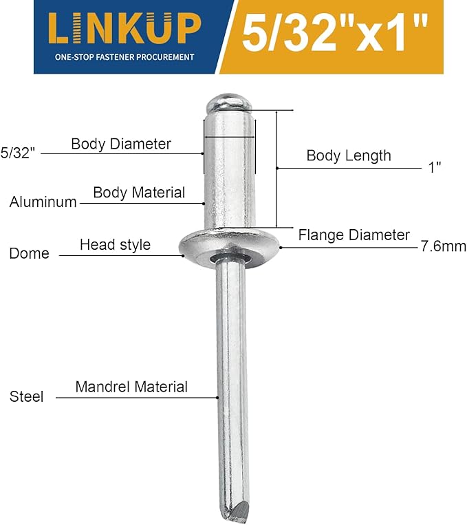 Linkup 150pcs pack 5/32" x 1" Pop blind Rivets, 4mm x 25mm pop rivets,Aluminum Body Steel Mandrel Rivets (Sliver),Dome Head aluminum rivets