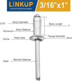 Linkup 100pcs pack 3/16" x 1" Pop blind Rivets, 4.8mm x 25mm pop rivets,Aluminum Body Steel Mandrel Rivets (Sliver),Dome Head aluminum rivets