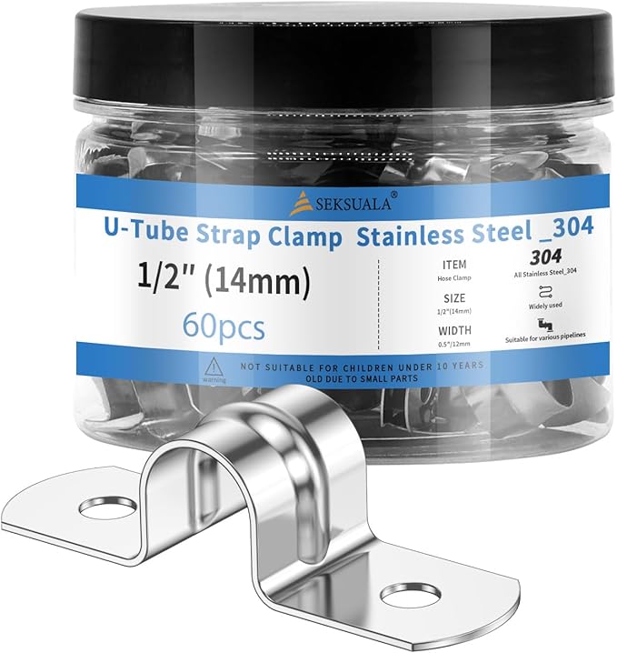 60Pcs 9/16 Inch (14mm) 304 Stainless Steel Conduit Clamps, U-Tube Strap Pipe Clamp 2 Hole Strap U Bracket Rigid Pipe Strap Clamps Metal Conduit Strap Tension Clips U-tube Clamp