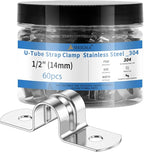 60Pcs 9/16 Inch (14mm) 304 Stainless Steel Conduit Clamps, U-Tube Strap Pipe Clamp 2 Hole Strap U Bracket Rigid Pipe Strap Clamps Metal Conduit Strap Tension Clips U-tube Clamp