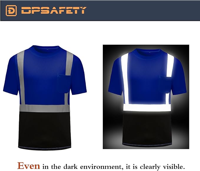 High Visibility Shirts Quick Dry Safety T Shirts with Reflective Strips and Pocket Short Sleeve Mesh Hi Vis Construction Work Class 2 Shirt for Men/Women Black Bottom Blue,2XL