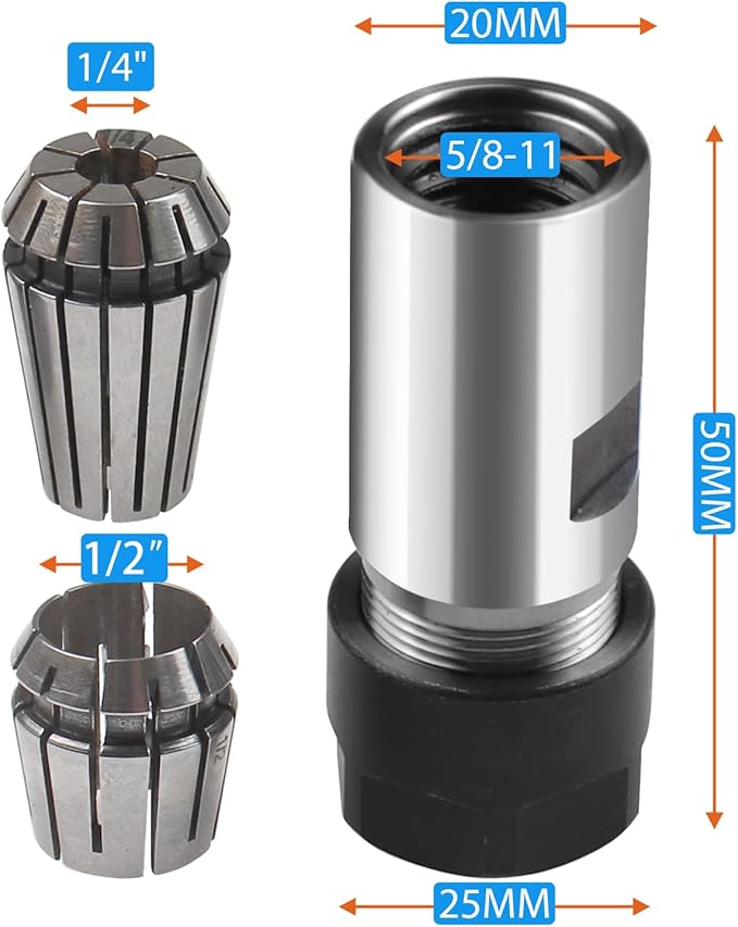 5/8"-11 Thread Angle Grinder Extension Shaft Set Electric Drill Conversion Collets Adapter Woodworking Tool Accessories Include Spring Collet 1/4" & 1/2" 3PCS