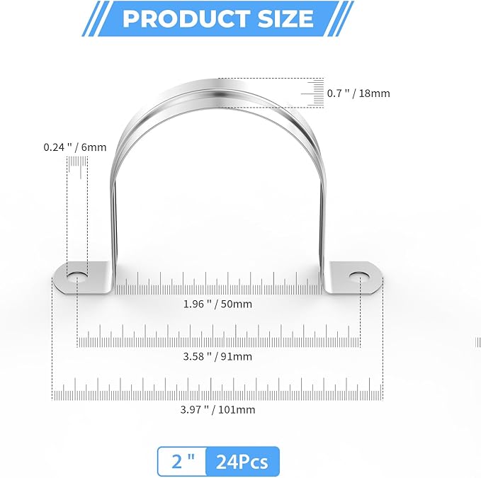 24Pcs 2 Inch (50mm) 304 Stainless Steel Conduit Clamps, U-Tube Strap Pipe Clamp 2 Hole Strap U Bracket Rigid Pipe Metal Conduit Strap Tension Clips U-tube Clamp