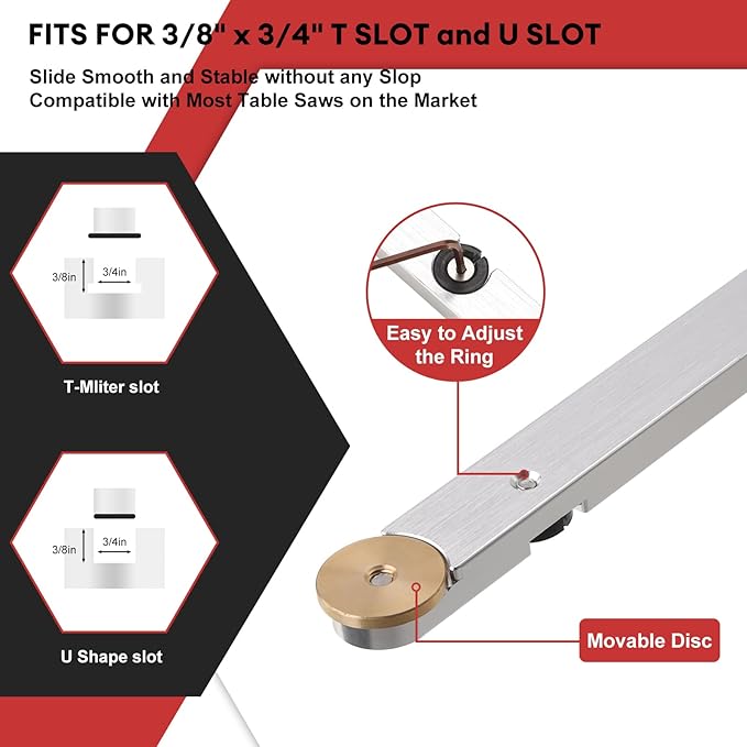 Table Saw Miter Gauge, Precision Miter Gauge with Fine Adjustable Limiter Flip Stop/Angle Stops/Extendable Fence, Fit Standard Slot 3/4" x 3/8", Aluminum Alloy Table Saw Miter Gauge Fence
