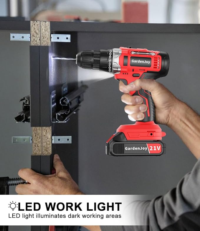 Cordless Power Drill Set: GardenJoy 21V Electric Drill Driver Kit with Battery and Fast Charger, 65pcs Acessories, 2 Variable Speed Control, 3/8-Inch Keyless Chuck and 24+1 Torque Setting