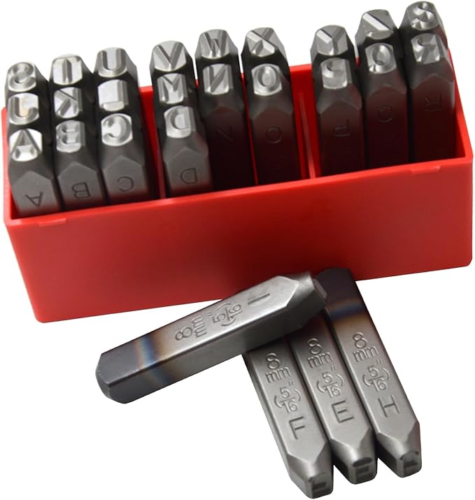 27pcs Heavy Duty Steel Stamp Uppercase Letters 5/16 8mm Hand Stamping Character Mark Code Alphabet Punch Kit for Bracelet Ring Jewelry Sheet Metal Plate Making Mold Die