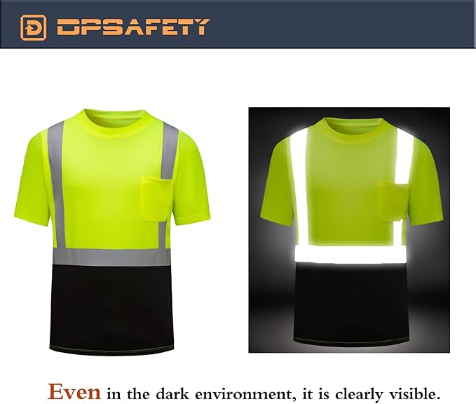 High Visibility Shirts Quick Dry Safety T Shirts with Reflective Strips and Pocket Short Sleeve Mesh Hi Vis Construction Work Class 2 Shirt for Men/Women Black Bottom Lime,Small
