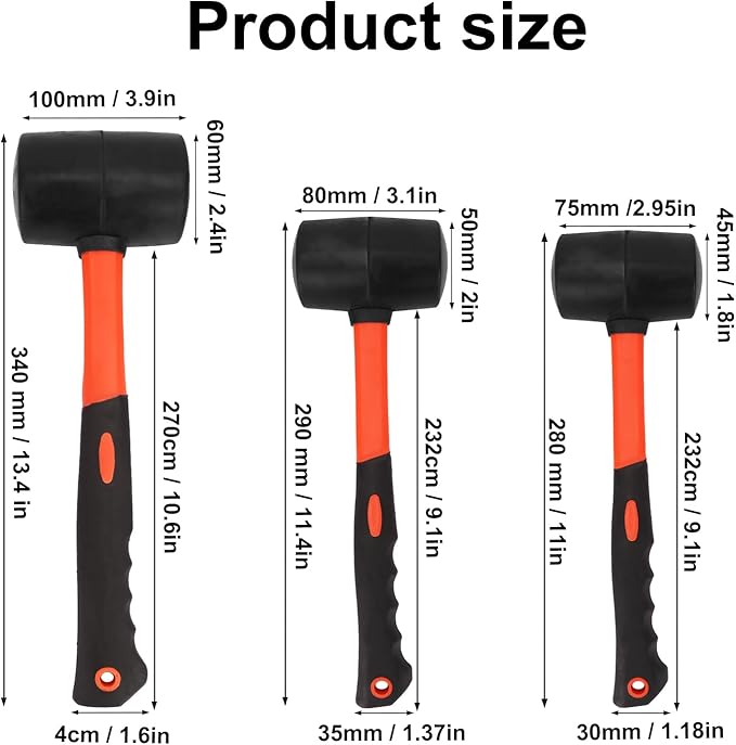 3 PCS 27 16 12 OZ Rubber Mallet, Rubber Hammer, Rubber Mallet Set With Black-Yellow Fiberglass Handle Perfect For Wood, Metal, Plastic, Glass, And Ceramics. By GENHAKON