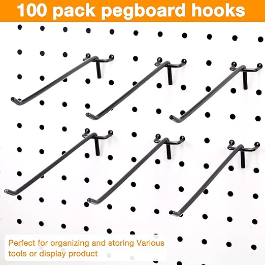 Shimeyao 100 Pcs Peg Board Shelving Hooks Stainless Steel Hanging Board Pegs Wall Display Hooks Bulk for 1/8 1/4 Garage Storage Organizer Accessories(8 Inch,Black)