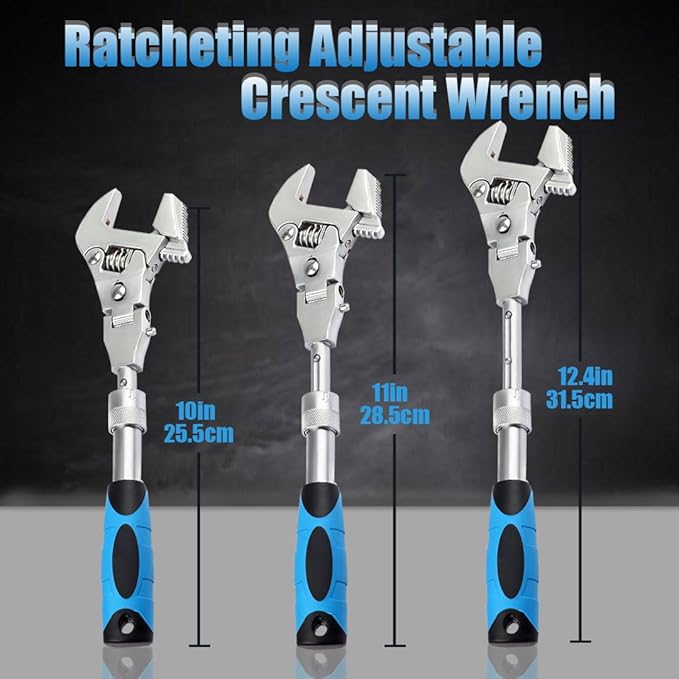 Flex Head Adjustable Wrench, 10-12.4 inch Flexible Retractable Ratchet Crescent Wrench, 180° Rotable for Use in Tight Spaces, Pipe Repair