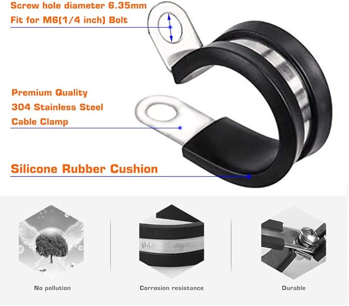 HOLYBEAR 3/4 Inch Stainless Steel Cable Clamp, Rubber Insulated Metal Conduit Wire Holder Strap Clips for Pipe, Tube, Hose Bracket (20mm, 12pcs)