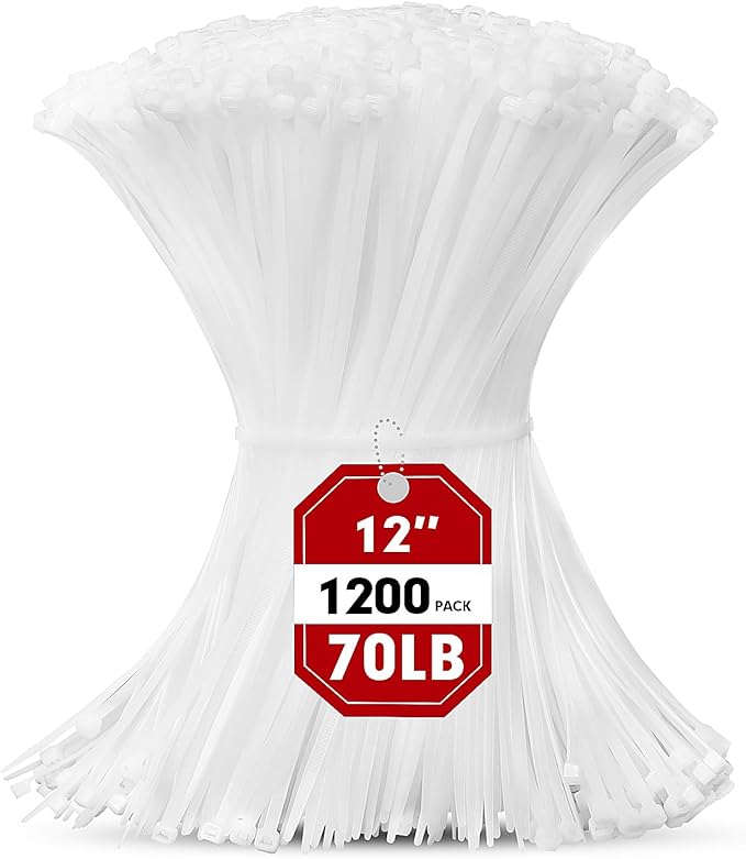 Zip Ties, RAZCC 1200pcs Cable Zip Ties 12 Inch, Heavy Duty White Plastic Wire Ties with 70lb Tensile Strength, Self-Locking Nylon Cable Ties, Wire Management for Indoor and Outdoor