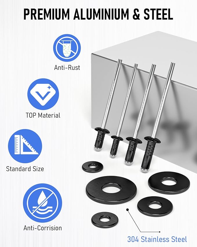 INCLY 1000PCS Pop Rivets Assortment Kit, 14 Sizes Black Rivets for Metal 3/32" 1/8" 5/32" 3/16" 1/4" and 5 Sizes 304 Stainless Steel Washers with Storage Case
