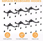 INCLY 50 Pack Black Pegboard Hooks, 2 Inch Metal Peg Board Hooks Accessories, Peg Board Tool Hangers Fit for 1/8“ and 1/4" Pegboard Hanging Tools for Garage, Craft Room, Kitchen, Store