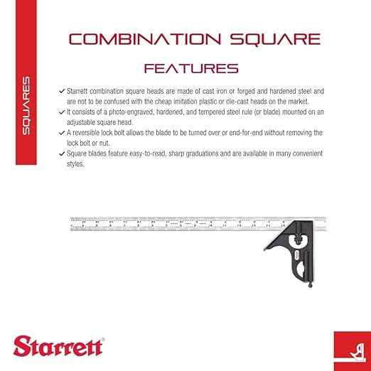 Starrett Steel Combination Square with Square Head - 18" Blade Length, Forged and Hardened Steel Heads, Reversible Lock Bolt, Scriber, Spirit Level, 4R Graduation Type - C33H-18-4R