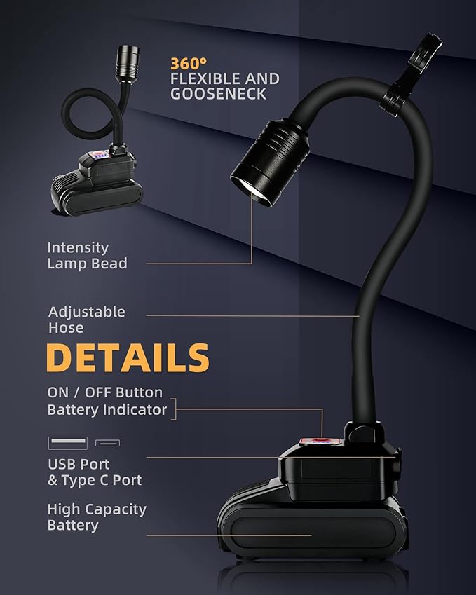 LED Work Light, 5000mAh Magnetic Gooseneck Light Rechargeable, 2000 Lumen 360°Flexible Mechanic Lamp with Hook, Job Site Lights for Men, Work Bench, Auto-Repairing, Emergency, Power Outage