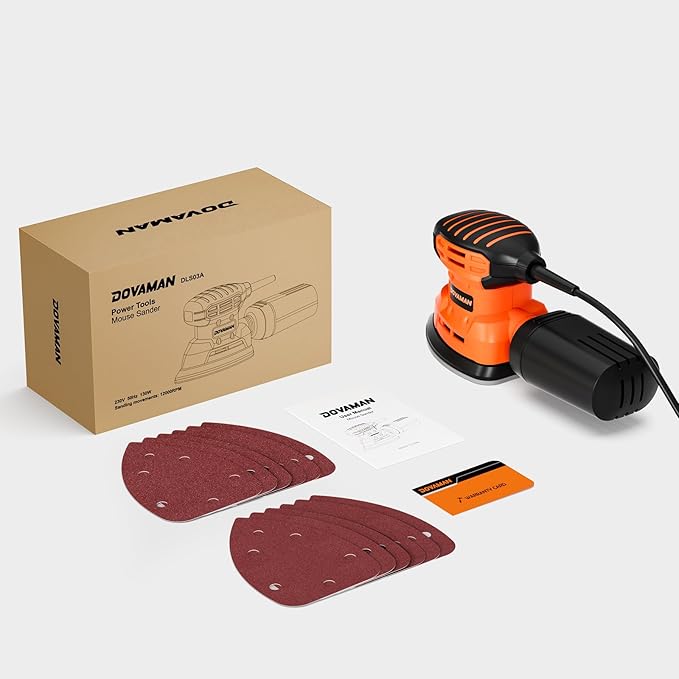 DLS03A Detail Sander, 130W Palm Sander Tool, Dust Collection System, 12PCS Sandpaper, 12000RPM Compact Hand Sander for Wood Steel Surfaces