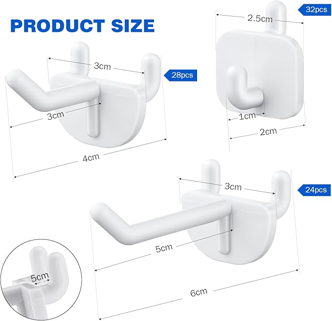 84 Pcs White Pegboard Hooks Plastic Straight Hook Fits 1/4" Pegboards Accessories Multiple Size Peg Board Hooks for Craft Storage Tool Room Kitchen Garage Organizer Tools Display