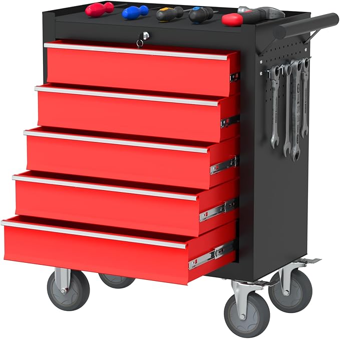 5 Drawers Rolling Tool Chest, Large Capacity Metal Tool Box with Wheels and Drawers, Tool Storage Cabinet with Keyed Locking, Tool Organizer Box for Garage, Workshop, Warehouse (Black Red)