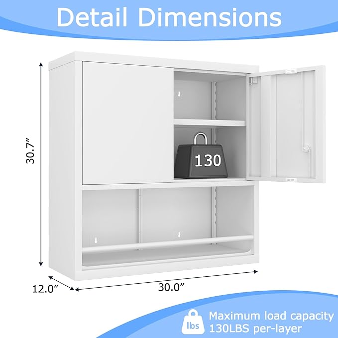Metal White Cabinet Wall Mounted, Small Wall Storage Cabinets with 2 Door Adjustable Shelves, Bathroom Metal Wall Cabinet Over Toilet for Laundry Room Kitchen, Garage