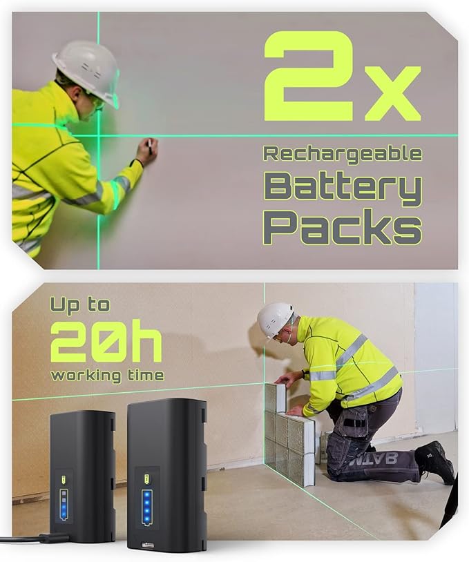 LG-3D Laser Level Self Leveling 3x360°, 3D Green Beam Cross Line Laser for Construction and Picture Hanging, 2 Rechargeable Batteries (20 Hrs), Magnetic Liftable Stand Included, Green