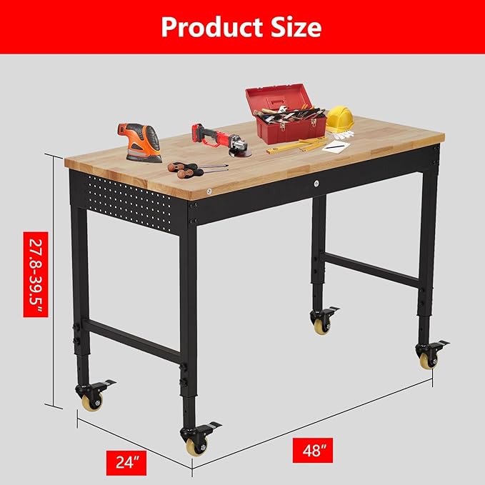48x24 Inch Heavy-Duty Adjustable Workbench with Rubber Wood Top – 2000LB Capacity Mobile Garage Workstation, Locking Wheels, Power Outlets, Ideal for Workshop, DIY & Tool Storage (Black)