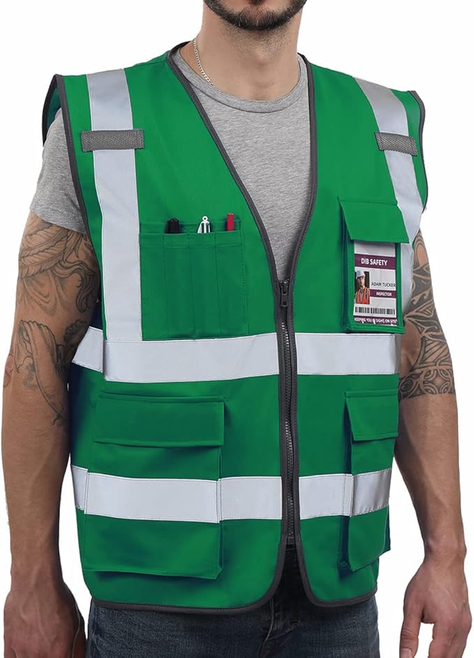 Dib Safety Reflective Vest High Visibility with Pockets and Zipper, Green S
