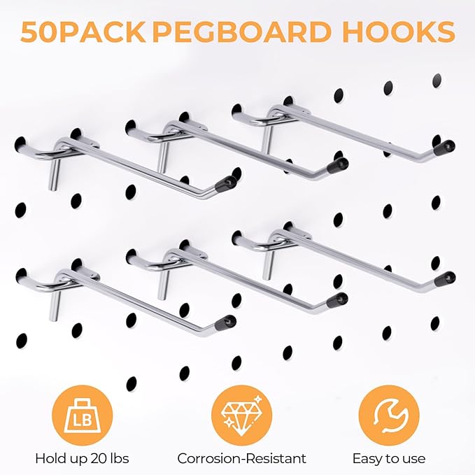 INCLY 50 Pack Pegboard Hooks, 4 Inch Metal Peg Board Hooks Accessories, Peg Board Tool Hangers Fit for 1/8“ and 1/4" Pegboard Hanging Tools for Garage, Craft Room, Kitchen, Store