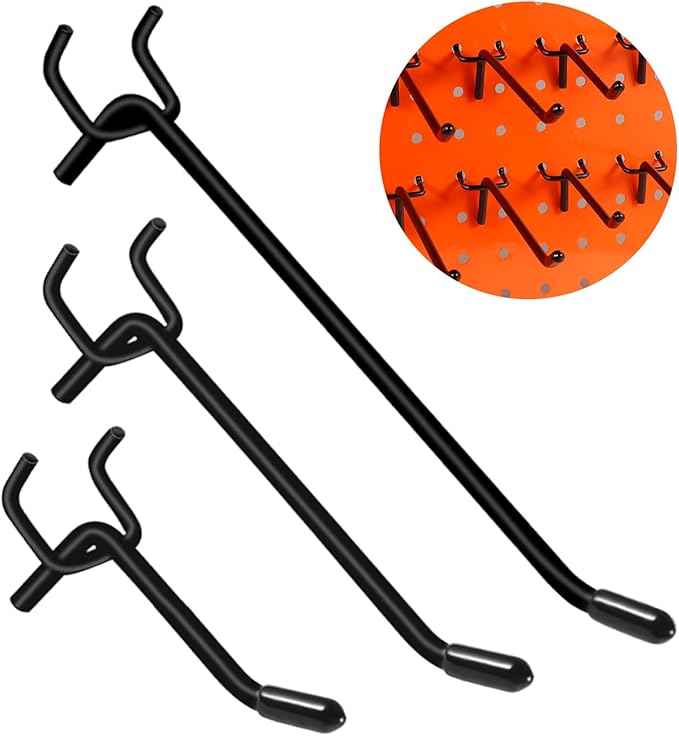 Dualshine 60Pcs Black Pegboard Hooks, 2/4/6 Inch Pegboard Wall Hook Heavy Duty PegBoard Shelving Hook Fit 1/4" PegBoard Metal Hanging Pegboard Display Hook Holder Organizer for Kitchen Store