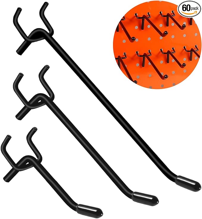 Dualshine 60Pcs Black Pegboard Hooks, 2/4/6 Inch Pegboard Wall Hook Heavy Duty PegBoard Shelving Hook Fit 1/4" PegBoard Metal Hanging Pegboard Display Hook Holder Organizer for Kitchen Store