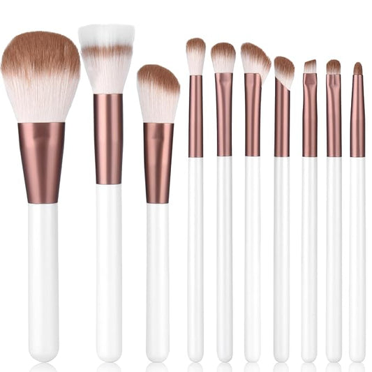 Makeup Brushes Set With Case 10Pcs White Makeup Brush Kit Foundation Eyeshadow Powder Blending Kabuki Eyebrow Eyelash Brushes Cosmetic Brush Travel Kit Gift (White+Brown)-VeraVaultWomen