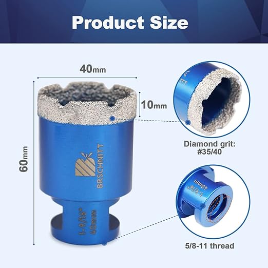 1-3/5 Inch Diamond Core Drill Bit for Porcelain Tile Ceramic Marble Granite Drilling,BRSCHNITT 2pcs Vacuum Brazed Diamond Hole Saw with 5/8-11 Thread (40mm 2pcs)