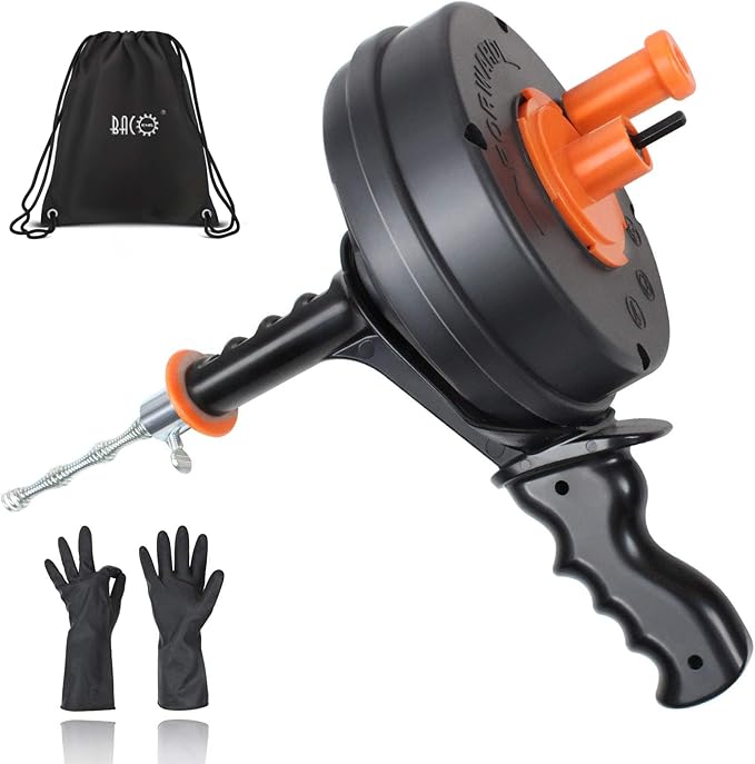 BACOENG 25Ft Drain Auger, Heavy Duty Plumbing Snake with Drill Adapter, Use Manually or Powered for Drain Clog, Shower Sink, Comes with Gloves and Bag (Orange)