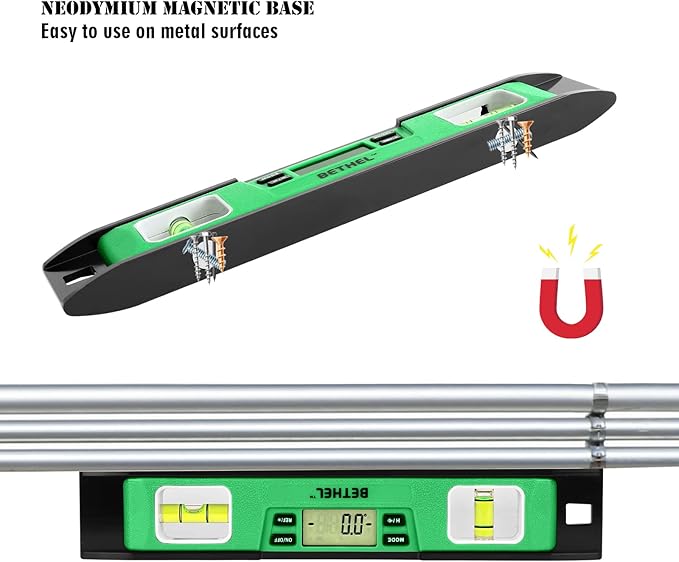 BETHEL Digital Torpedo Level -10 Inch IP54 Digital Magnetized Level Protected Electronic Bubble Inclinometer/Angle Finder/LED Display & V-Groove Base (10 Inch, Green)