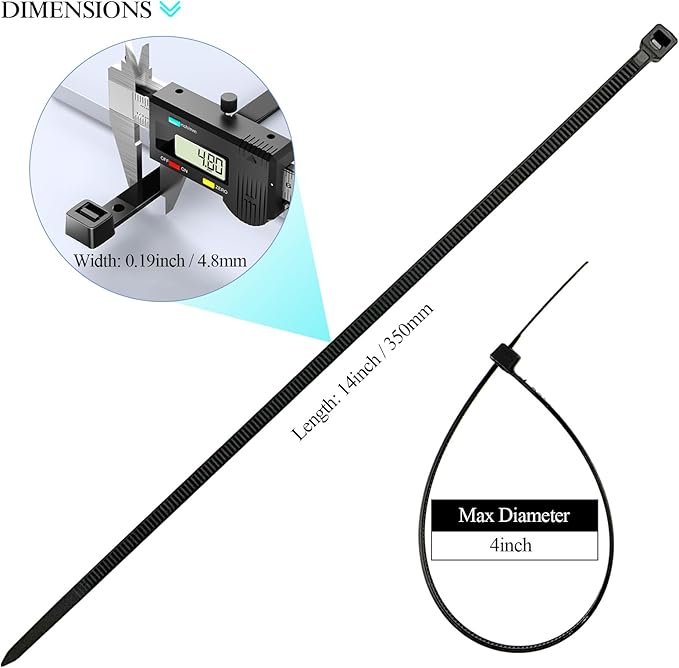 Zip Ties 14 inch 200 Pack, Black Cable Zip Ties 50 lbs Tensile Strength Nylon Self-Locking Wire Ties Wraps for Outdoor and Indoor Use by ECRABONE