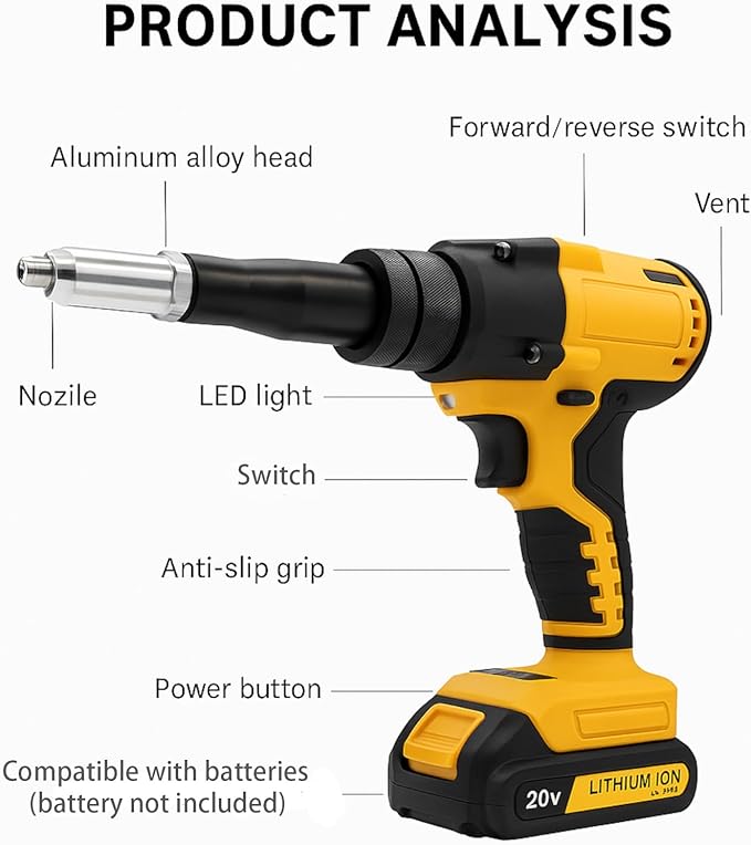 Cordless Rivet Gun Compatible with DeWALT 20V Battery: Electric Pop Rivet Gun with 3 Size(1/8'',5/32'',3/16") Aluminum Rivets,Brushless Riveters Gun Tool Kit for Metal,Plastic,Leather(No Battery)