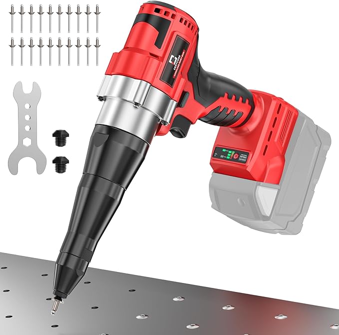 Cordless Rivet Gun Kit Compatible with Milwaukee 18V Brushless Electric Riveters Gun Tool with 3-Size Steel Rivets(1/8"-5/32"-3/16") LED Light & Nose Piece (Bare Only)
